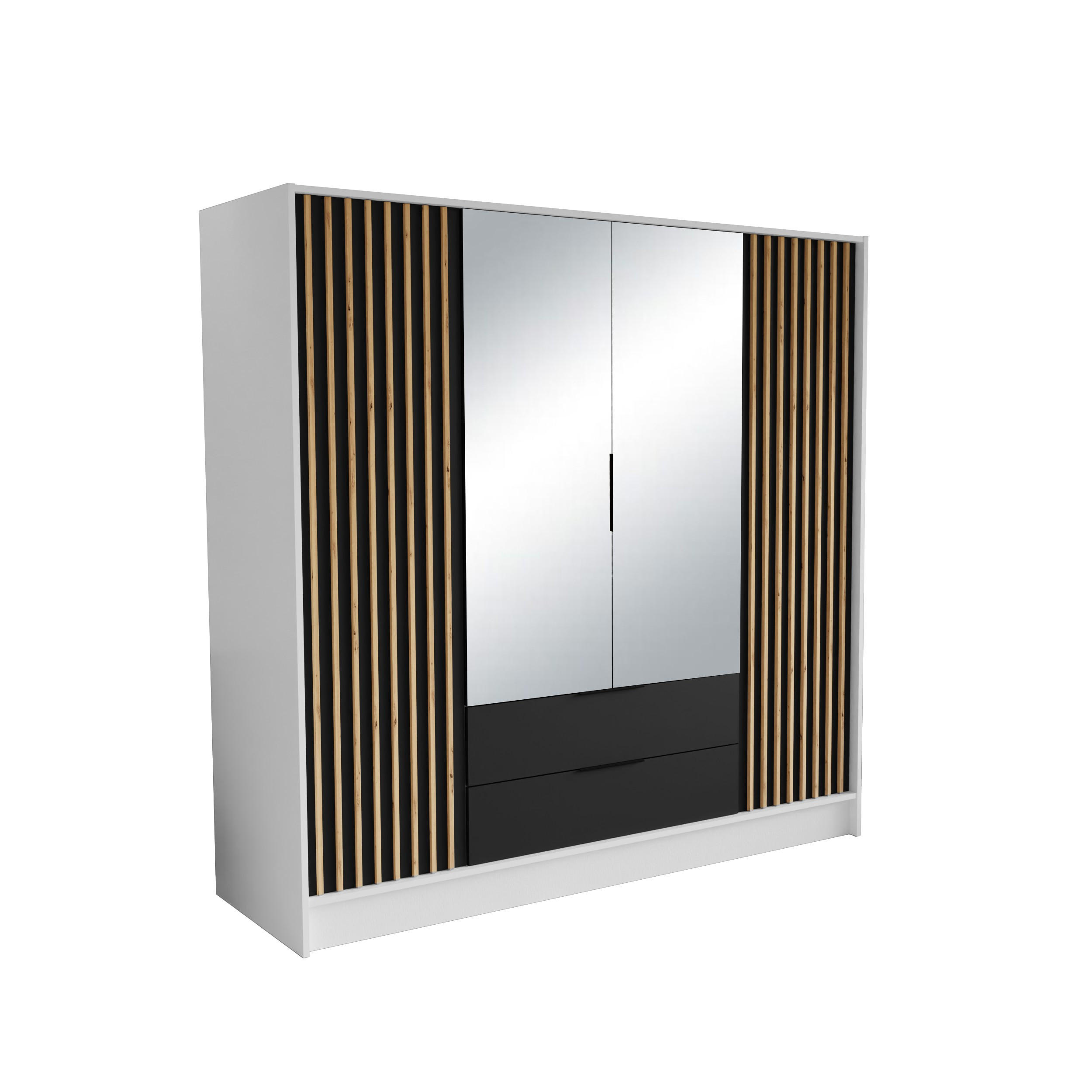 DREHTÜRENSCHRANK PELOR 200/200/51 cm Modern Kleiderschrank 4-türig mit Spiegel Weiß - Schwarz/Weiß, Holzwerkstoff (200/200/51cm) - MASSENO