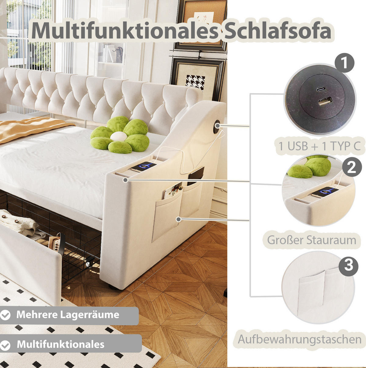 POLSTERBETT aus Samtstoff 90x190 cm Beige mit USB- und Type-C-Anschluss, 2 Schubladen - Beige, Textil (90/190cm) - IVMEU
