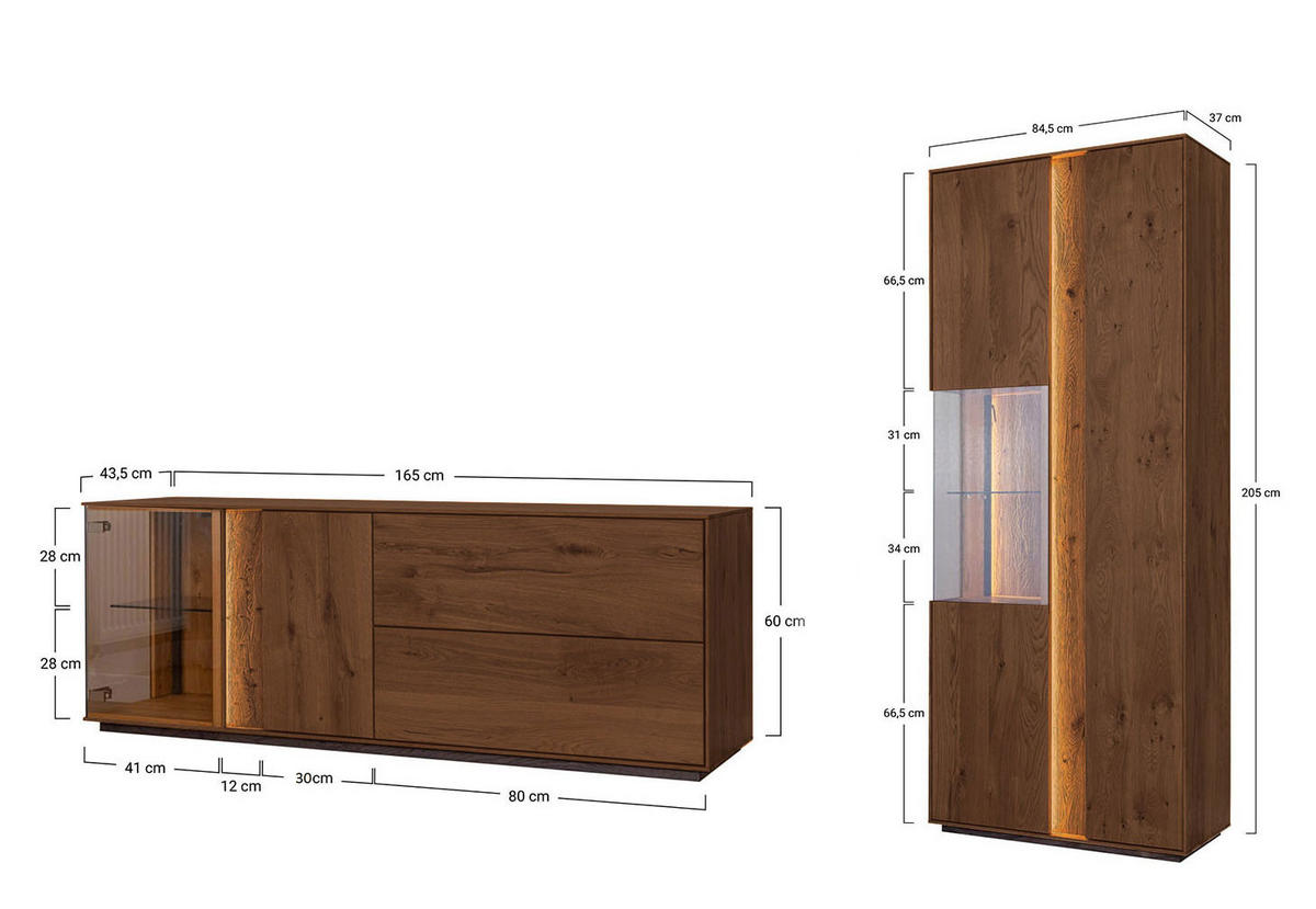 WOHNWAND Collodi Wildeiche Tabak (2-tlg) - Wildeiche/Eichefarben, Holz (249.5/205/43.5cm) - Feldmann-Wohnen