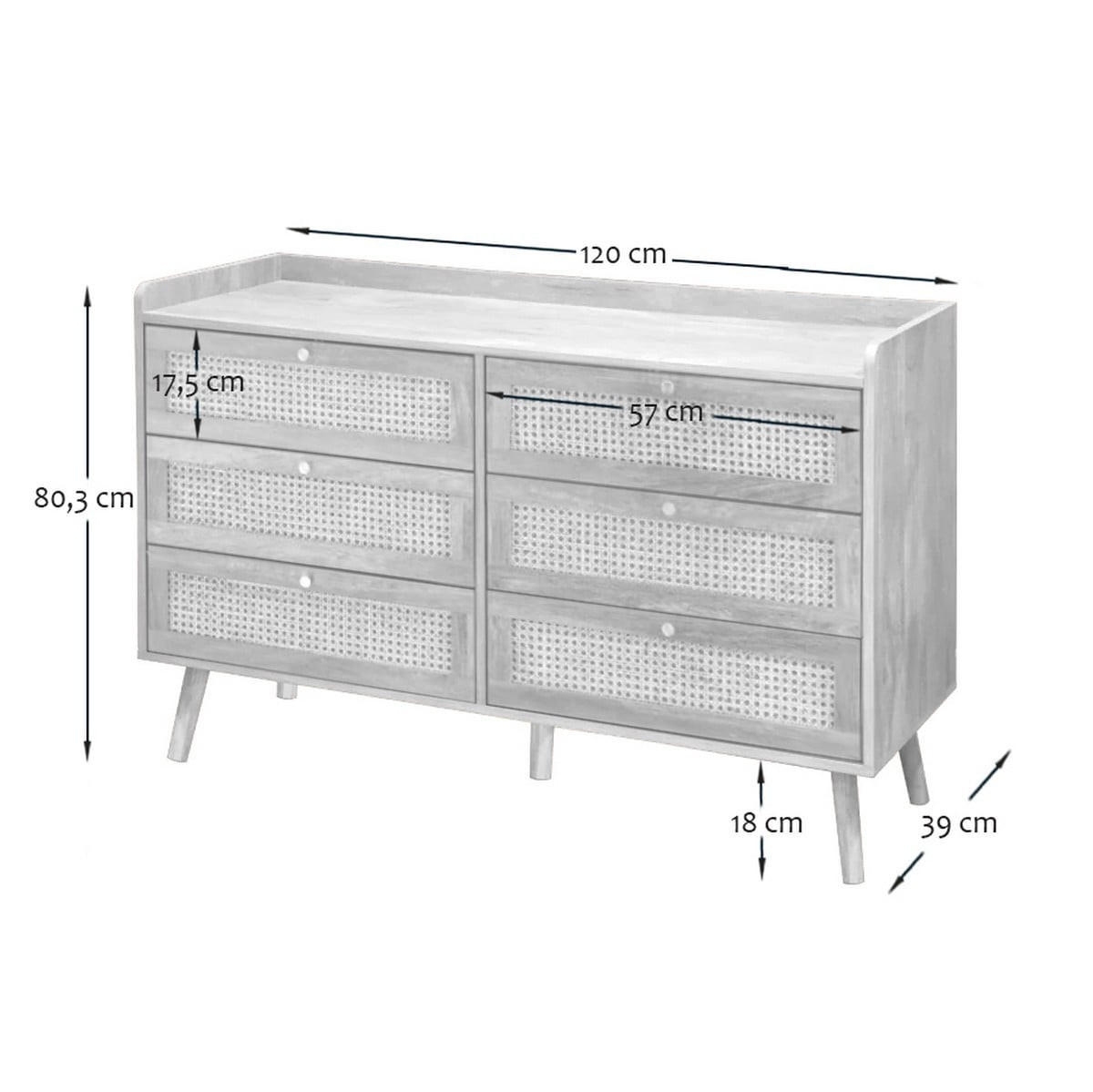 KOMMODE mit 6 schubladen mit fronten aus natürlichem rattan - PALMO 120/39/79 cm - Eschefarben, Holzwerkstoff (120/79/47cm) - Calicosy