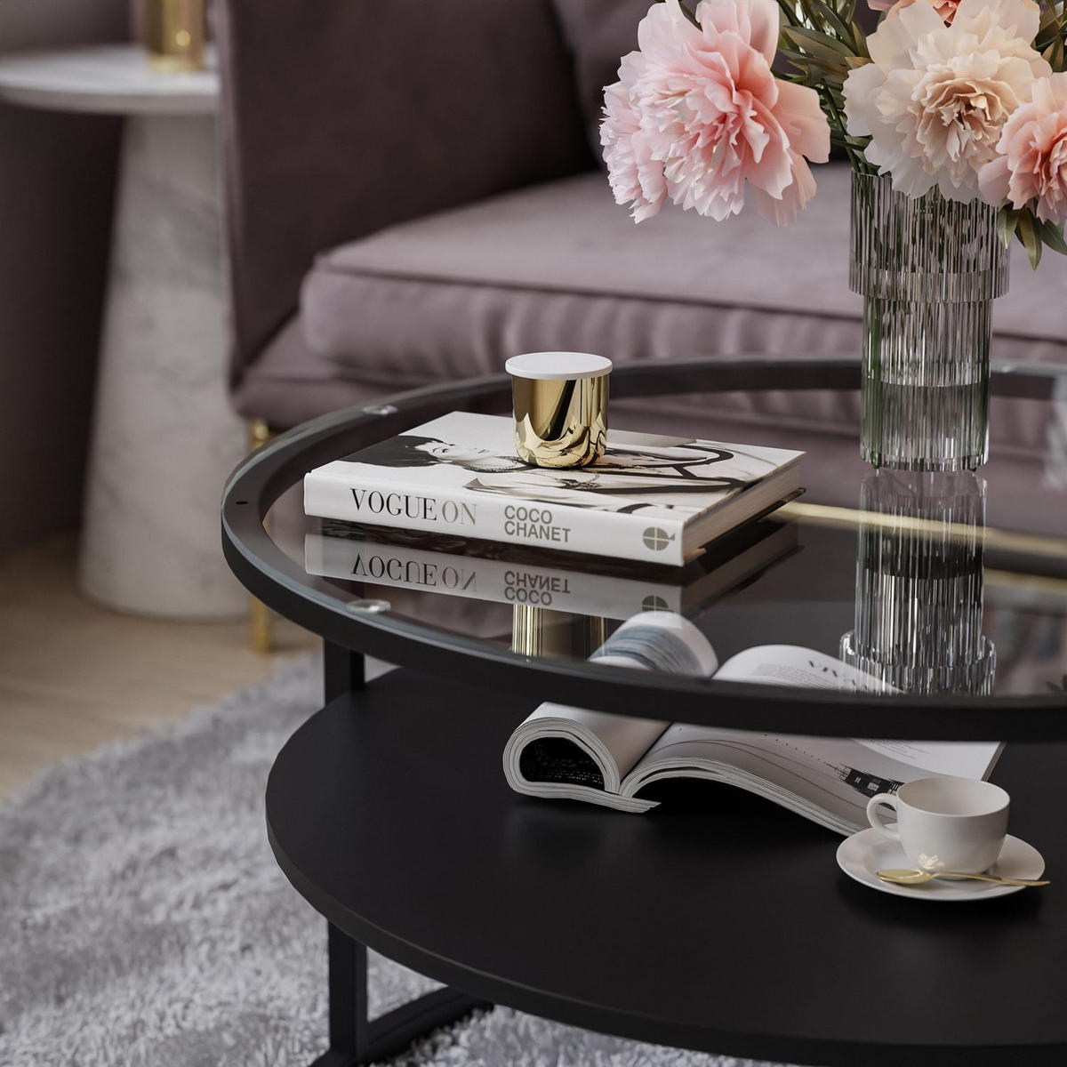 COUCHTISCH CIRI GLASS mit Regal - Weiß, Glas (70/70/47.4cm) - Lookway