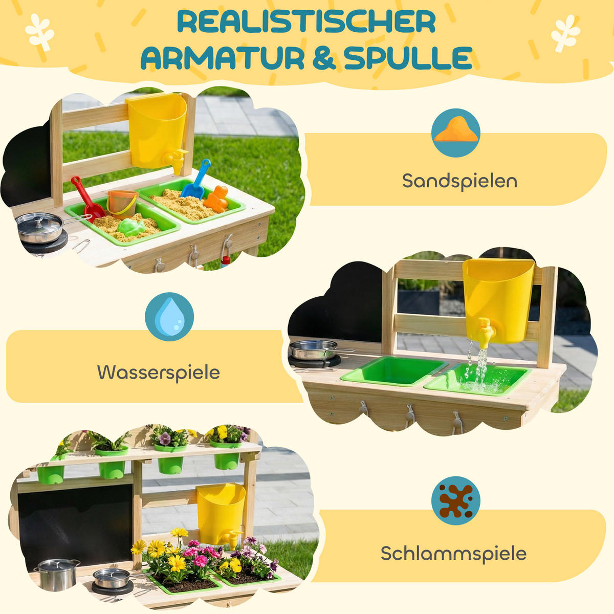 OUTDOOR-KINDER-MATSCHKÜCHE Tannenholz Kunststoff Naturholz - Naturfarben, Holz (32/77cm) - AIYAPLAY
