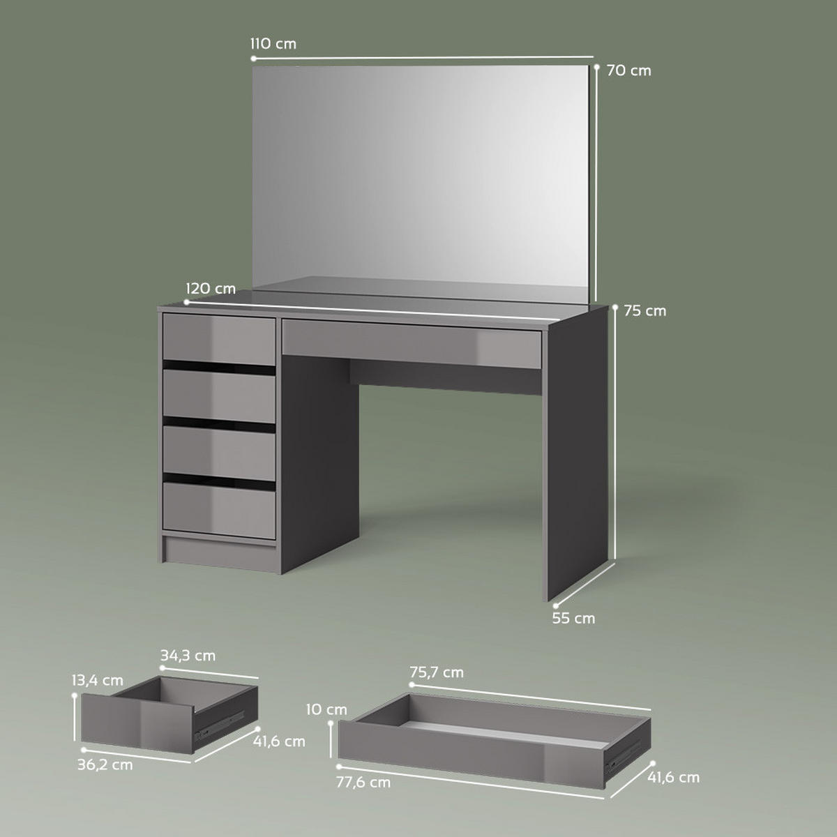 SCHMINKTISCH Imola Grau 120 cm - Grau, Holzwerkstoff (120/75/55cm) - Livinity®