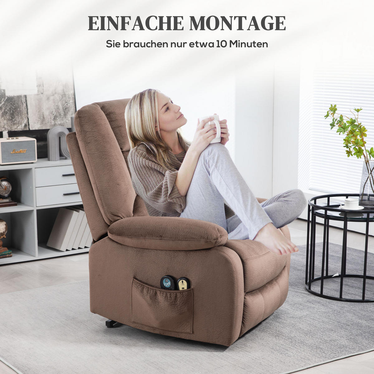 FERNSEHSESSEL mit Aufstehhilfe Elektrisch Relaxsessel mit Liege-/Massagefunktion - Schwarz/Braun, Textil/Metall (93/110/90cm) - HOMCOM