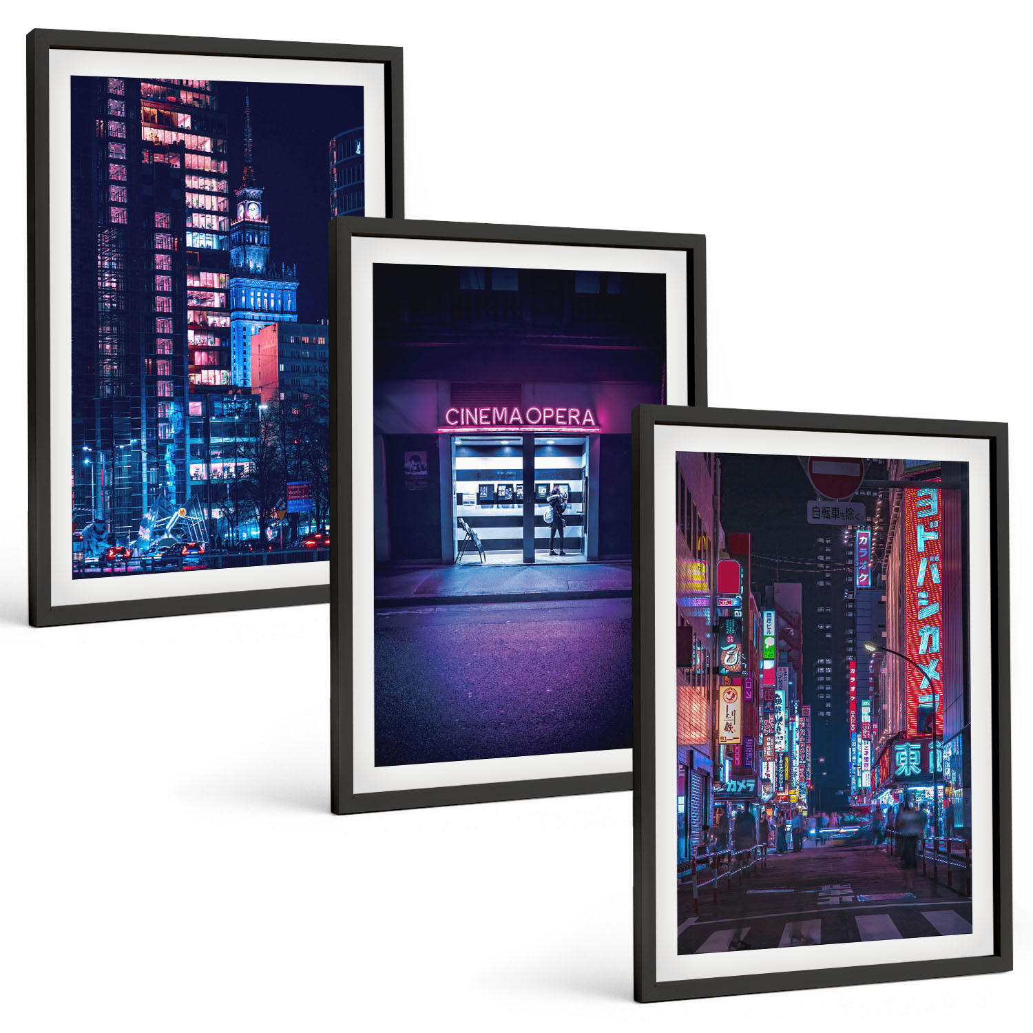 BILDER SET 3er Set - 40x60 cm Schwarzer Rahmen - Neon-Eingang zur nächtlichen Stadt - Schwarz, Kunststoff (40/60cm) - TULUP