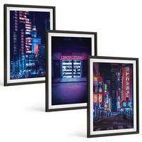 BILDER SET 3er Set - 40x60 cm Schwarzer Rahmen - Neon-Eingang zur nächtlichen Stadt - Schwarz, Kunststoff (40/60cm) - TULUP