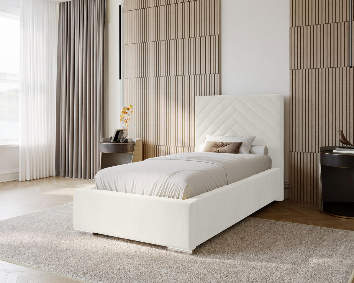 POLSTERBETT Aura 80x200 cm, Einzelbett mit Bettkasten und Lattenrost aus Holz, Velourstoff: Weiß - Weiß, Holz/Kunststoff (80/200cm) - Marpur