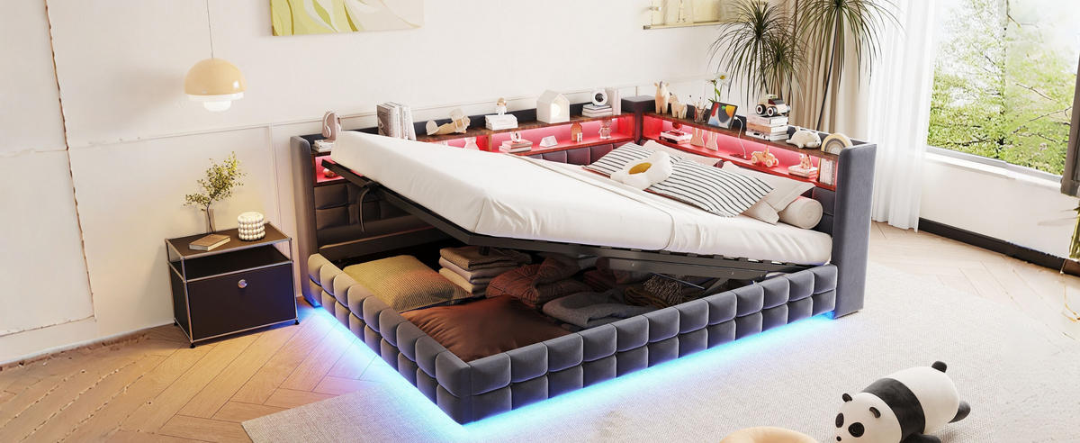 SCHLAFSOFA 140/200 cm in Grau mit Bettkasten, LED, USB & Type-C - Grau, Holzwerkstoff/Textil (140/200cm) - CHICFURN