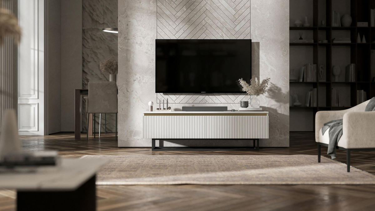 TV-SCHRANK Selene Weiß Matt mit Metallrahmen 140 cm - Schwarz/Weiß, Holzwerkstoff/Metall (140/44/35cm) - Meble Lindner