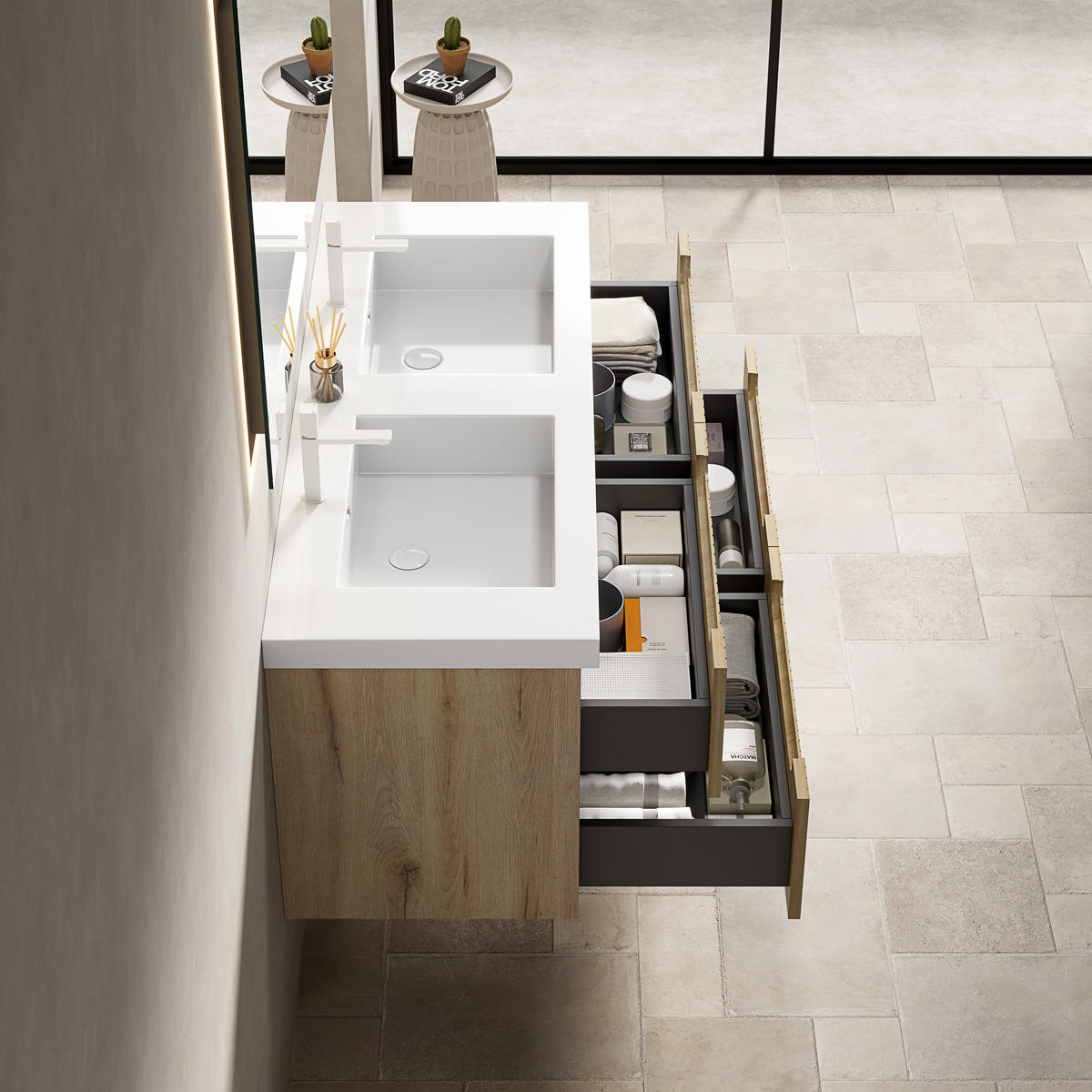 WASCHTISCHKOMBI 120x46x53cm Weiß/Weißeiche mit Kunststeinbecken & 4 Schubladen - Eichefarben, Kunststoff (120/53/46cm) - Modfu