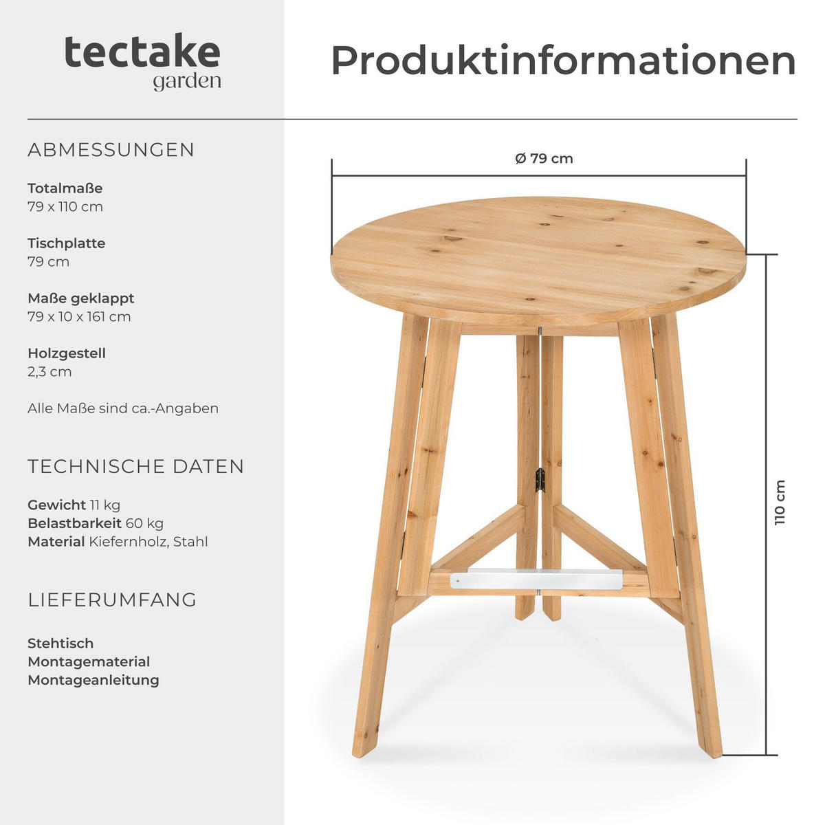 STEHTISCH Trix, Stabilisierungsschiene aus Metall, braun - Braun, Holz (79/79/110cm) - tectake