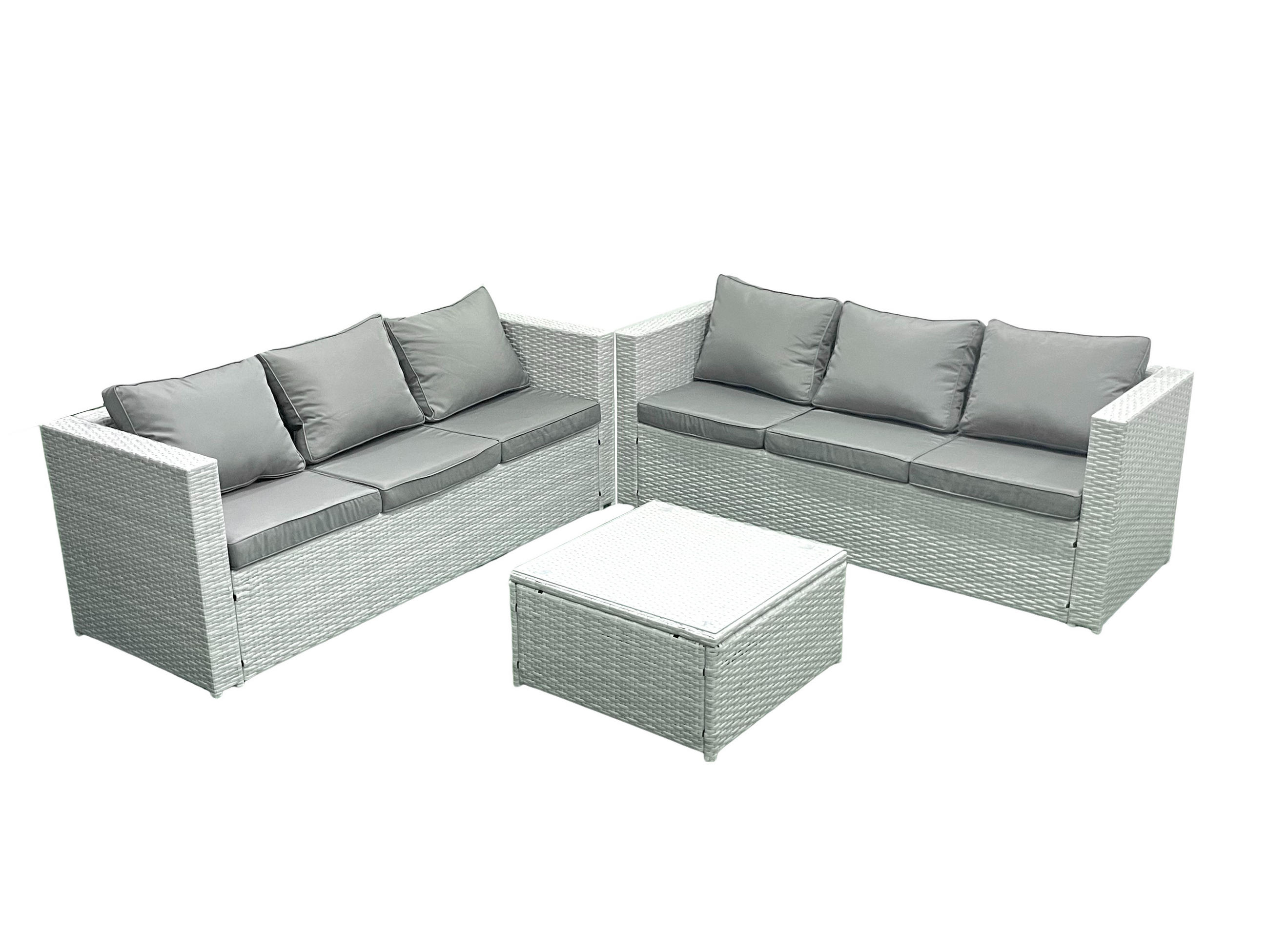 GARTENMÖBEL-SET mit Kissen Polyrattan Hellgrau-Mix 6-Sitzer - Hellgrau/Grau, Glas/Kunststoff - Fimous