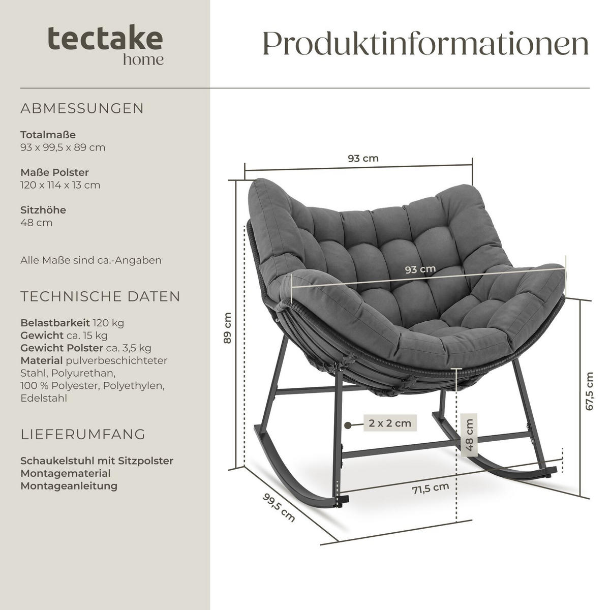 SCHAUKELSTUHL Tami, 93 x 99,5 x 89 cm, anthrazit - Anthrazit, Kunststoff (93/89/99.5cm) - tectake