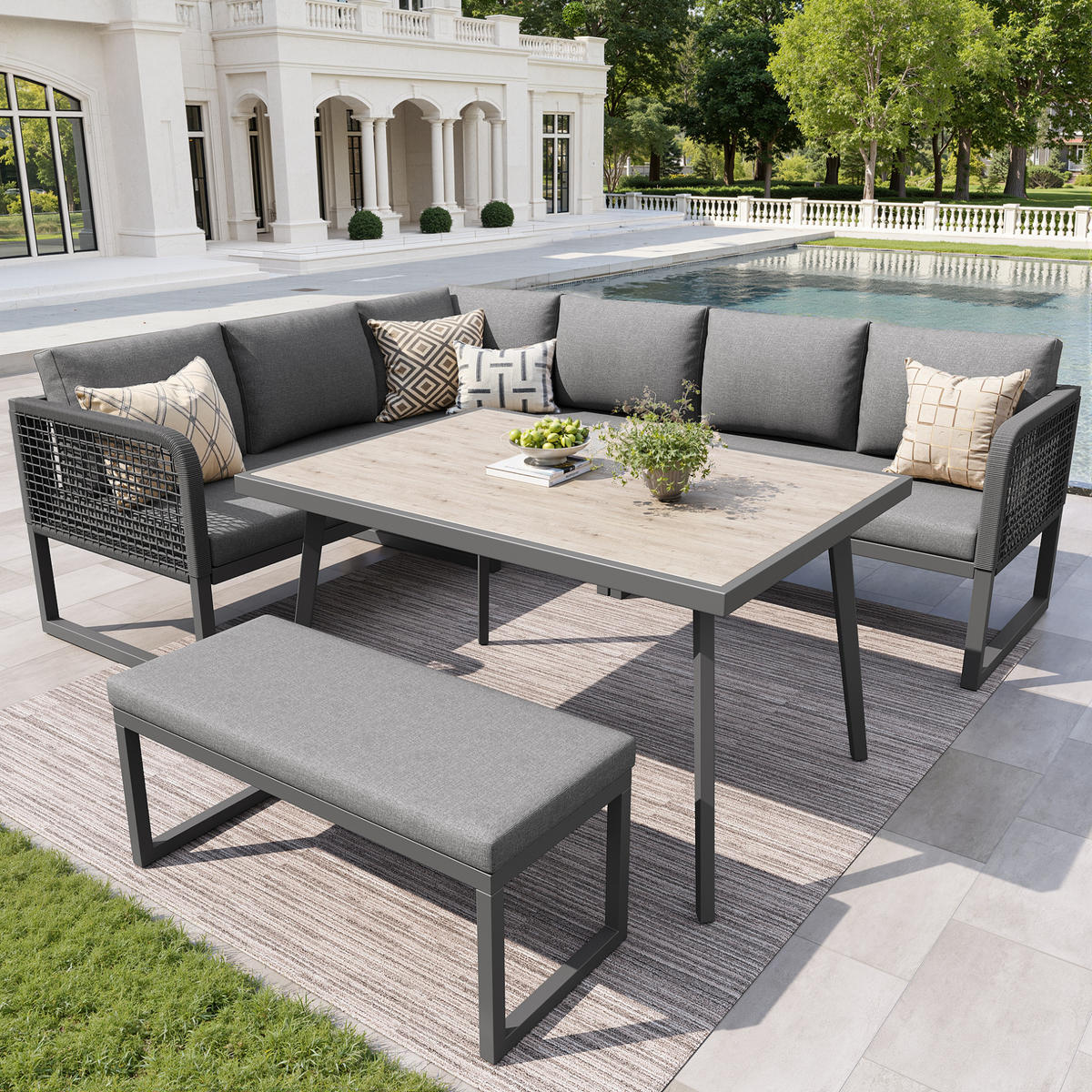 GARTENSETS aus Rattan & Eisen 121,5x61x77 cm Grau mit modularen Elementen - Grau, Metall - Modfu