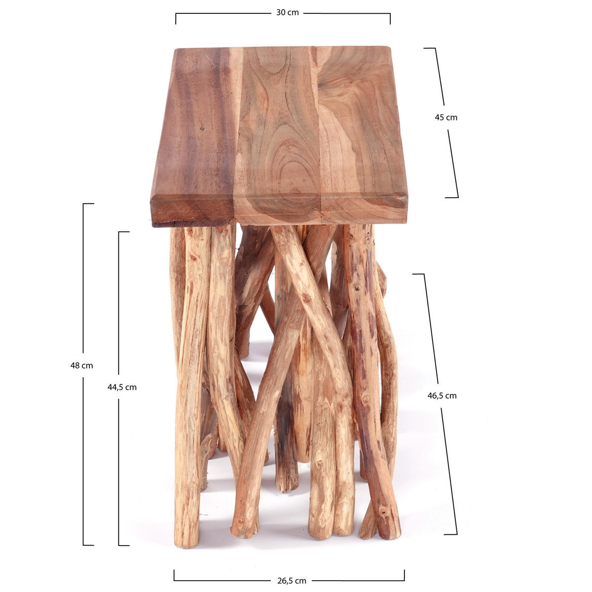 BEISTELLTISCH Woods Teak Massivholz, Sockel aus naturgewachsenen Ästen naturfarben - Naturfarben, Holz (45/30/48cm) - CREEDWOOD