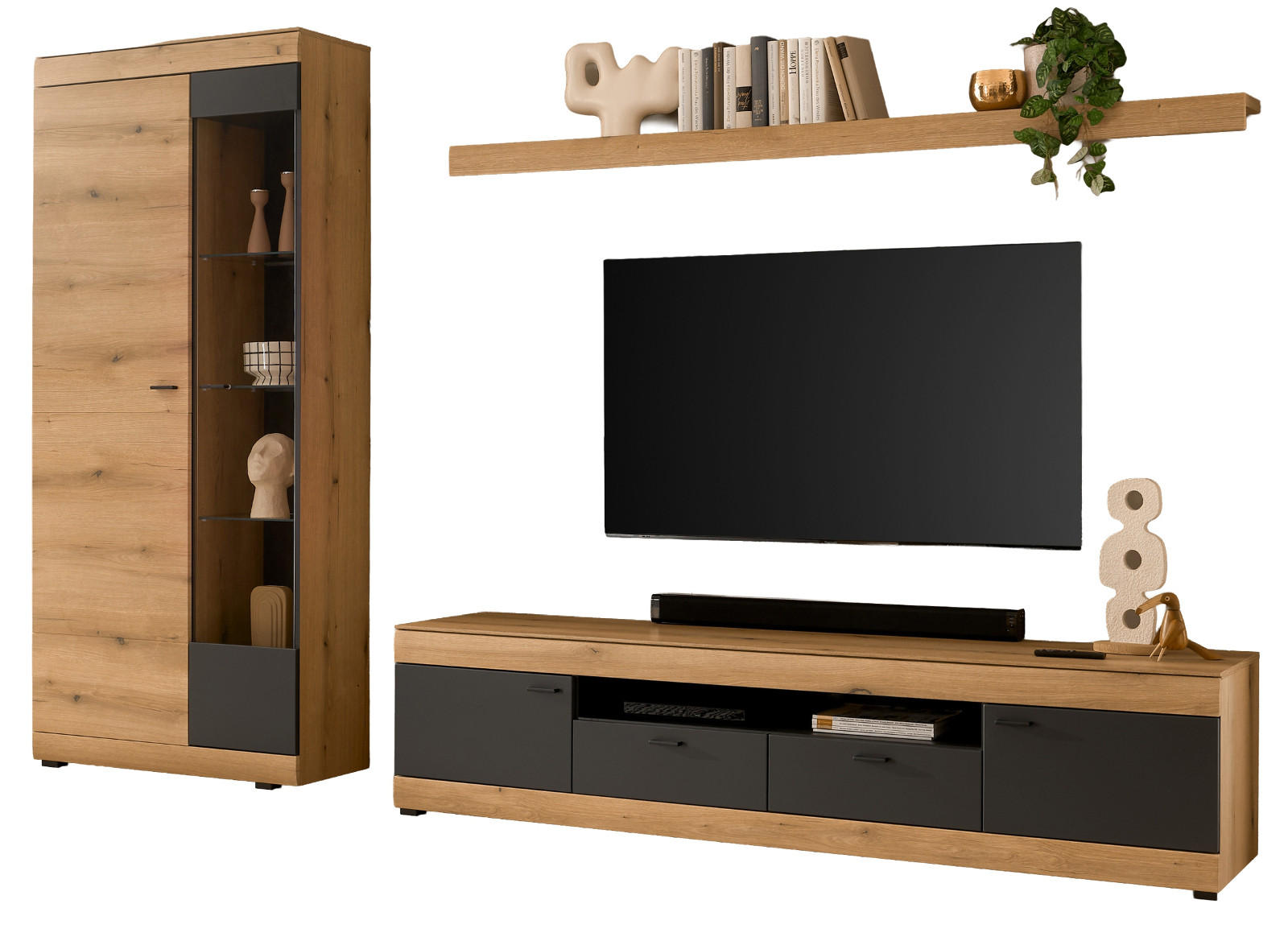 WOHNWAND Eiche, grau 300 x 201 cm, Wohnzimmer Set mit Soft-Close - Kaschmir/Eichefarben, Glas/Holzwerkstoff (300/201/45cm) - Furn.Design