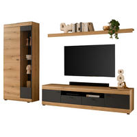 WOHNWAND Eiche, grau 300 x 201 cm, Wohnzimmer Set mit Soft-Close - Kaschmir/Eichefarben, Glas/Holzwerkstoff (300/201/45cm) - Furn.Design