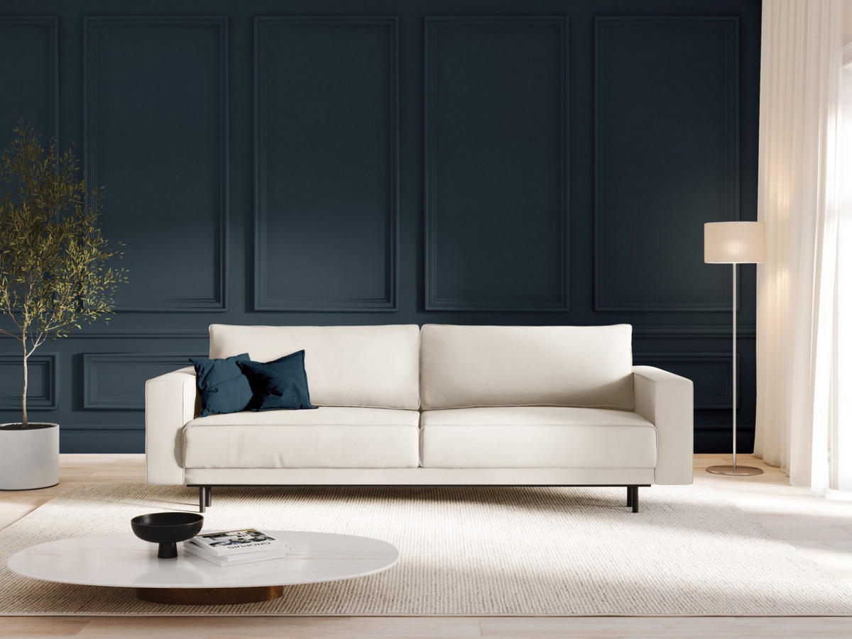 AUSKLAPPBARES-SOFA mit Bettkasten Caro aus Samt leichtes beige 3 Sitzplätze - Beige, Textil (97/93/236cm) - Micadoni