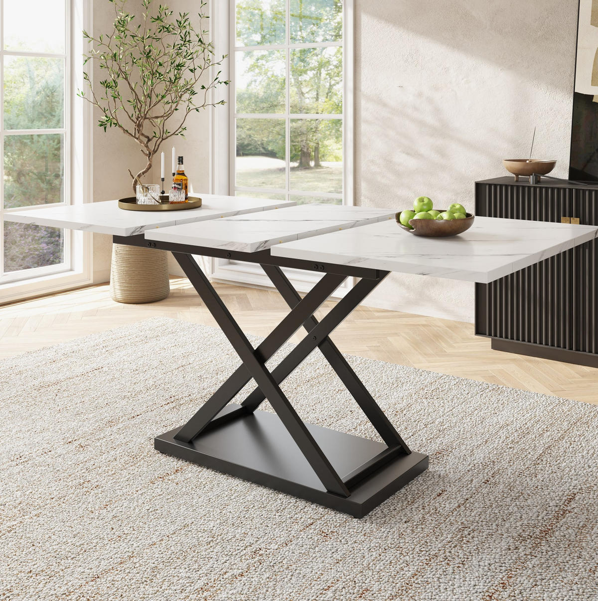ESSTISCH aus MDF und Metall 120-160x80x75 cm Weiß/Schwarz ausziehbar mit Kreuzgestell und Marmor-Optik - Weiß, Holzwerkstoff (160/80/75cm) - Modfu