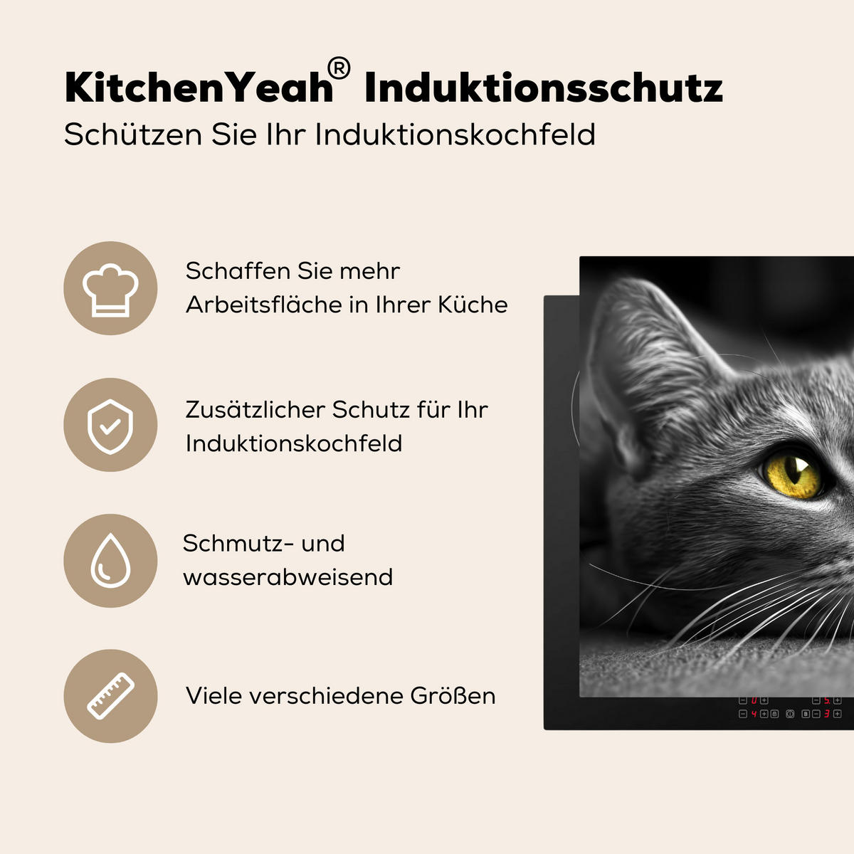 HERDABDECKPLATTE Katze - Grau - Tiere - Katze Induktionsmatte 78x78 cm - Grau, Kunststoff (78/78/0.2cm) - MuchoWow