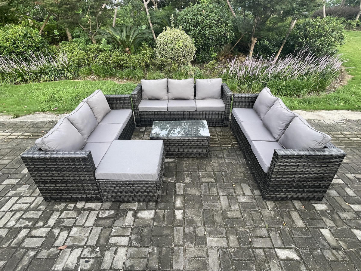 GARTENSET mit Couchtisch Polyrattan 10-Sitzer - Dunkelgrau, Metall - Fimous