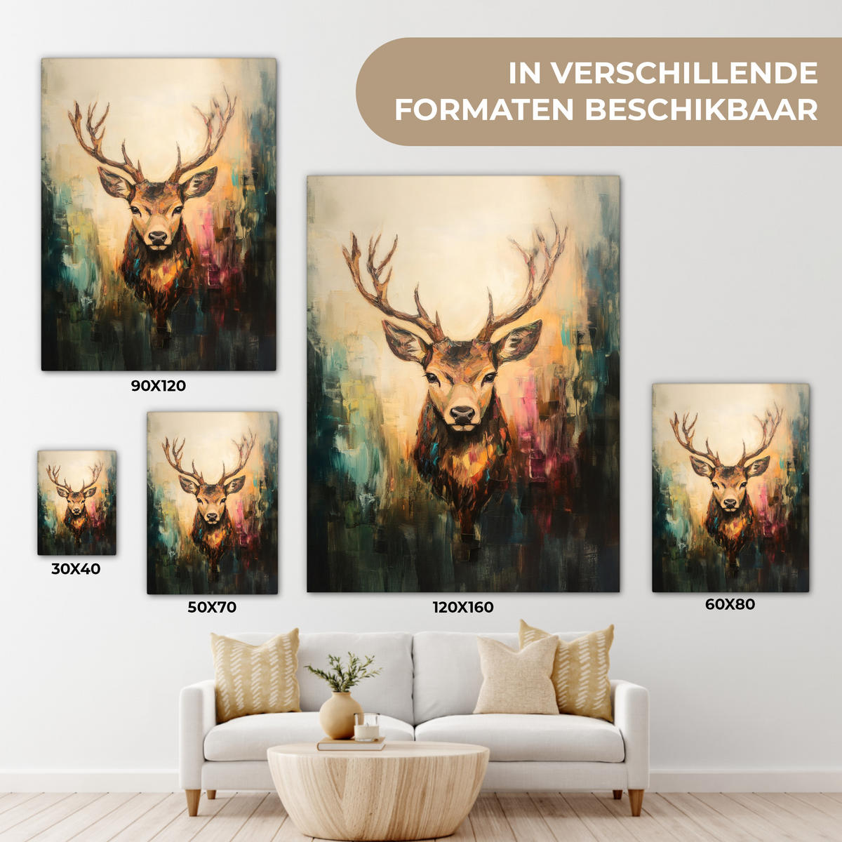 LEINWANDBILD Hirsch - Gemalt - Geweih - Braun 60x80 cm - Haselnussfarben, Textil (60/80cm) - MuchoWow