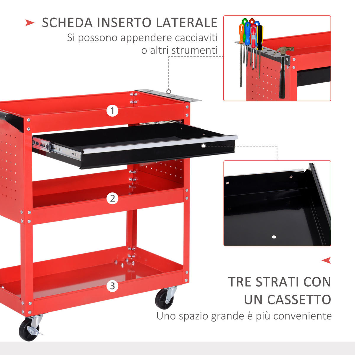 WERKZEUGWAGEN, Stahlwagen mit Schublade und 3 Ablagen, 82 x 35 x 76 cm, Rot - Multicolor, Kunststoff (35/76/82cm) - FORIOUS