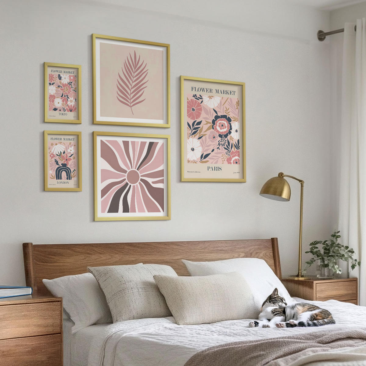 BILDER SET 5er Set - 50x50 cm & 20x30 cm & 40x60 cm Goldrahmen - Blumenmuster, Blätter, Geometrie - Goldfarben, Kunststoff (40/60cm) - TULUP