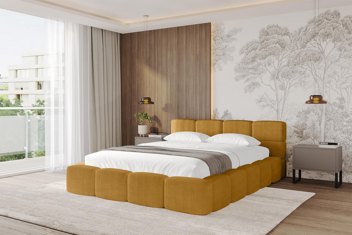 POLSTERBETT mit Bettkasten und Lattenrost, Bett mit Matratze H3/H4, Kopfteil, Boxbett, Doppelbett mit Stauraum - NATA-v1 200x200 Senfgelb - Kupferfarben, Holzwerkstoff/Textil (200/200cm) - ALTDECOR