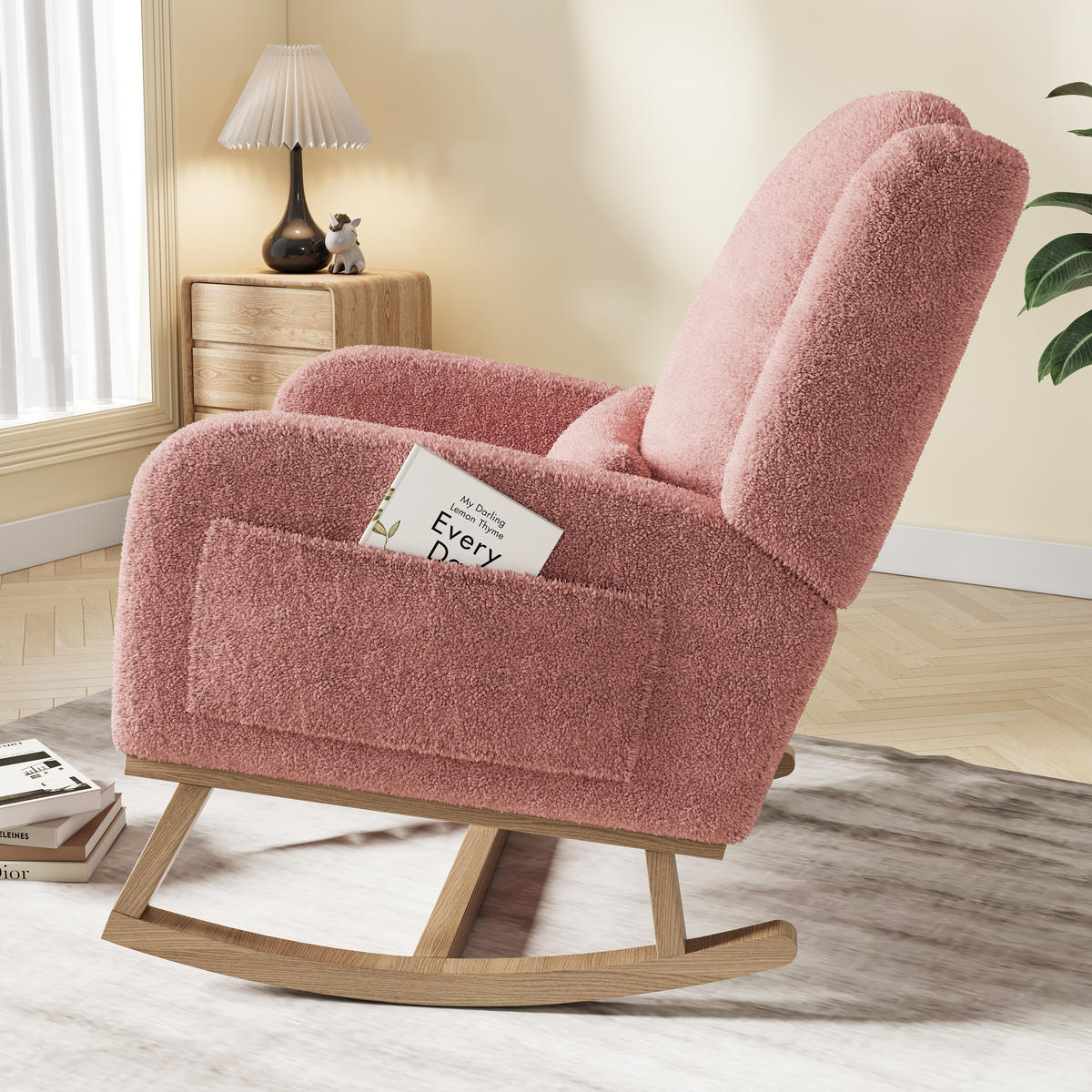 SCHAUKELSTUHL Plüsch Lendenstütze Taschen Holzfüße rosa - Rosa, Holz (52/96/93cm) - LEBENLANG