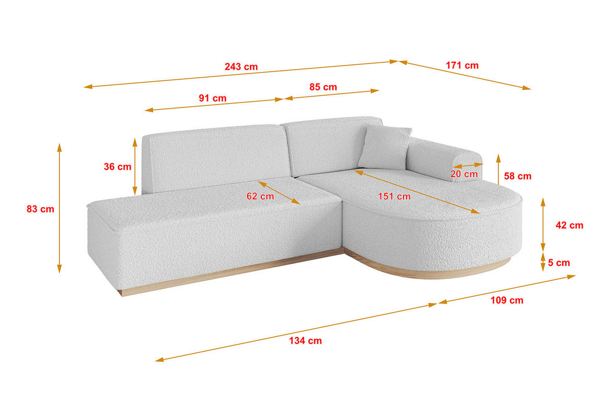 ROHOVÁ SEDAČKA s otomanem, pravá ARRIO-L1 243x171x83 Bílá Buklé - bílá/černá, kompozitní dřevo/textil (243/171cm) - ALTDECOR