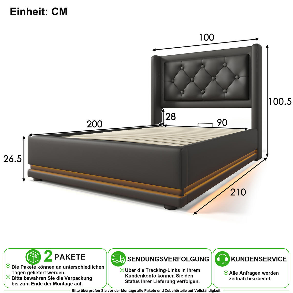 POLSTERBETT 90/200 cm in Schwarz mit Bettkasten, LED, USB und Type-C Kunstleder - Schwarz, Holzwerkstoff/Textil (90/200cm) - CHICFURN