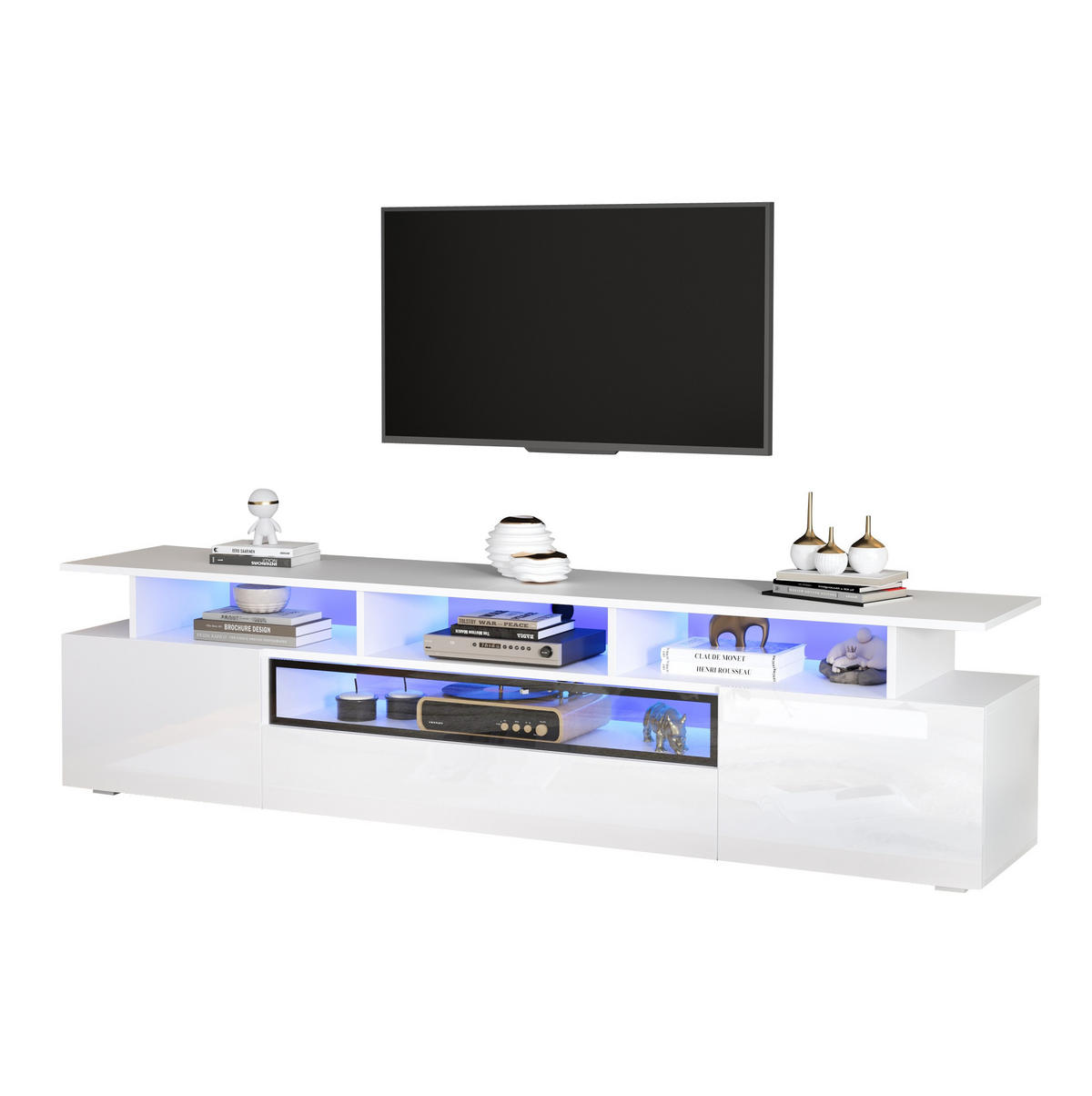 TV-LOWBOARD 180/38/45 cm mit LED-Beleuchtung, 2 Türen, 1 Schublade und Hochglanzfront, Weiß - Weiß, Holzwerkstoff (180/45/38cm) - Redom