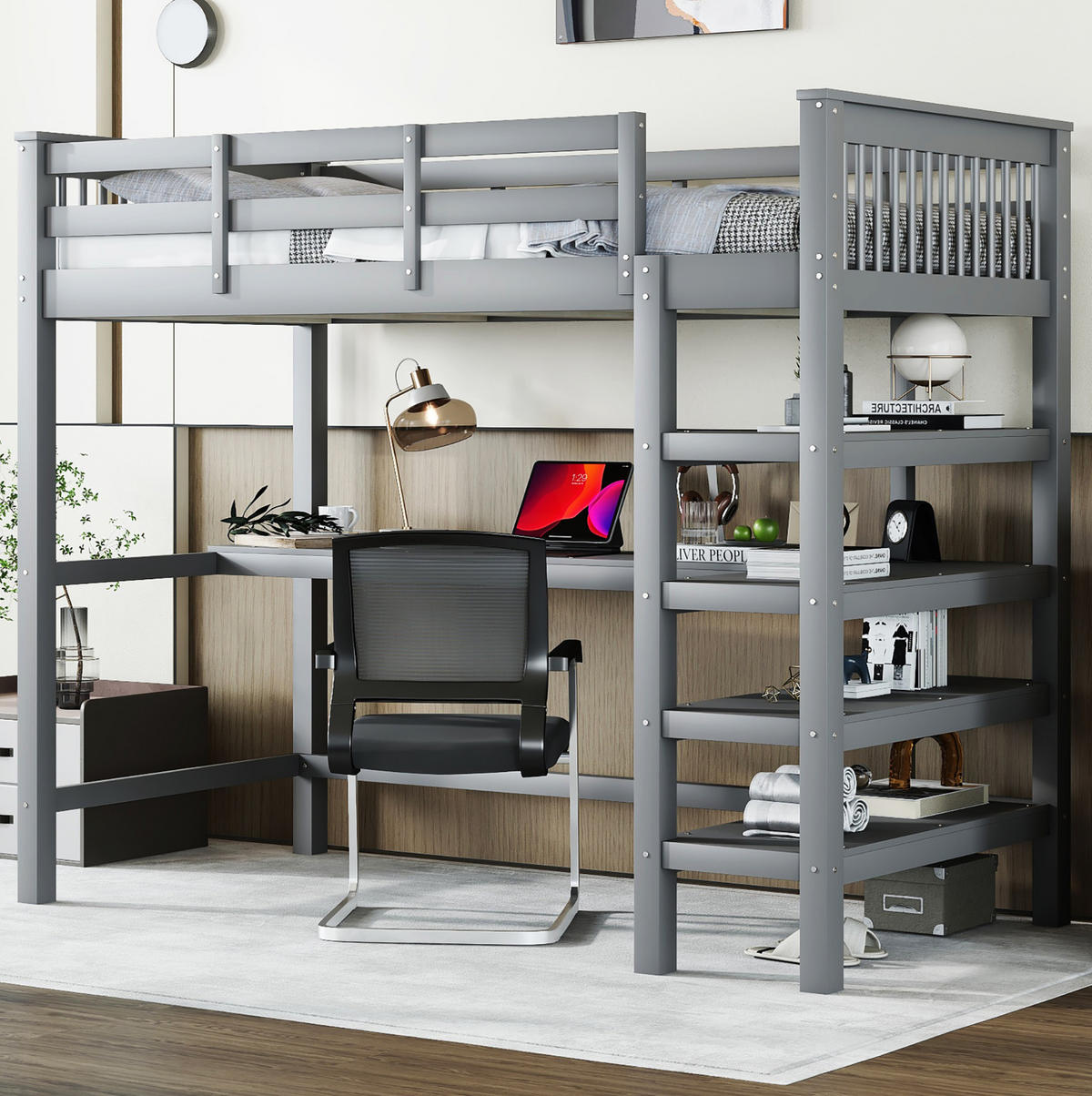 HOCHBETT aus Kiefer und MDF 90x200 cm Grau mit Schreibtisch, Ablagefächern und Leiterregal - Grau, Holzwerkstoff (90/200cm) - Modfu