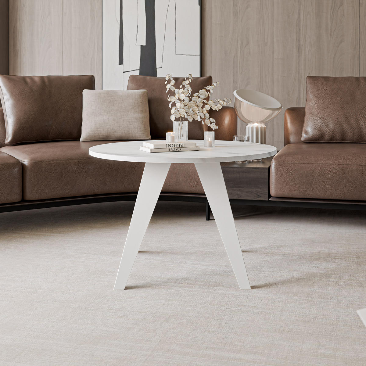 COUCHTISCH FERRO 75/50 cm runden, Weiß / Marmor Bianco - Perlmutt/Weiß, Metall (75/75/50cm) - Idohome