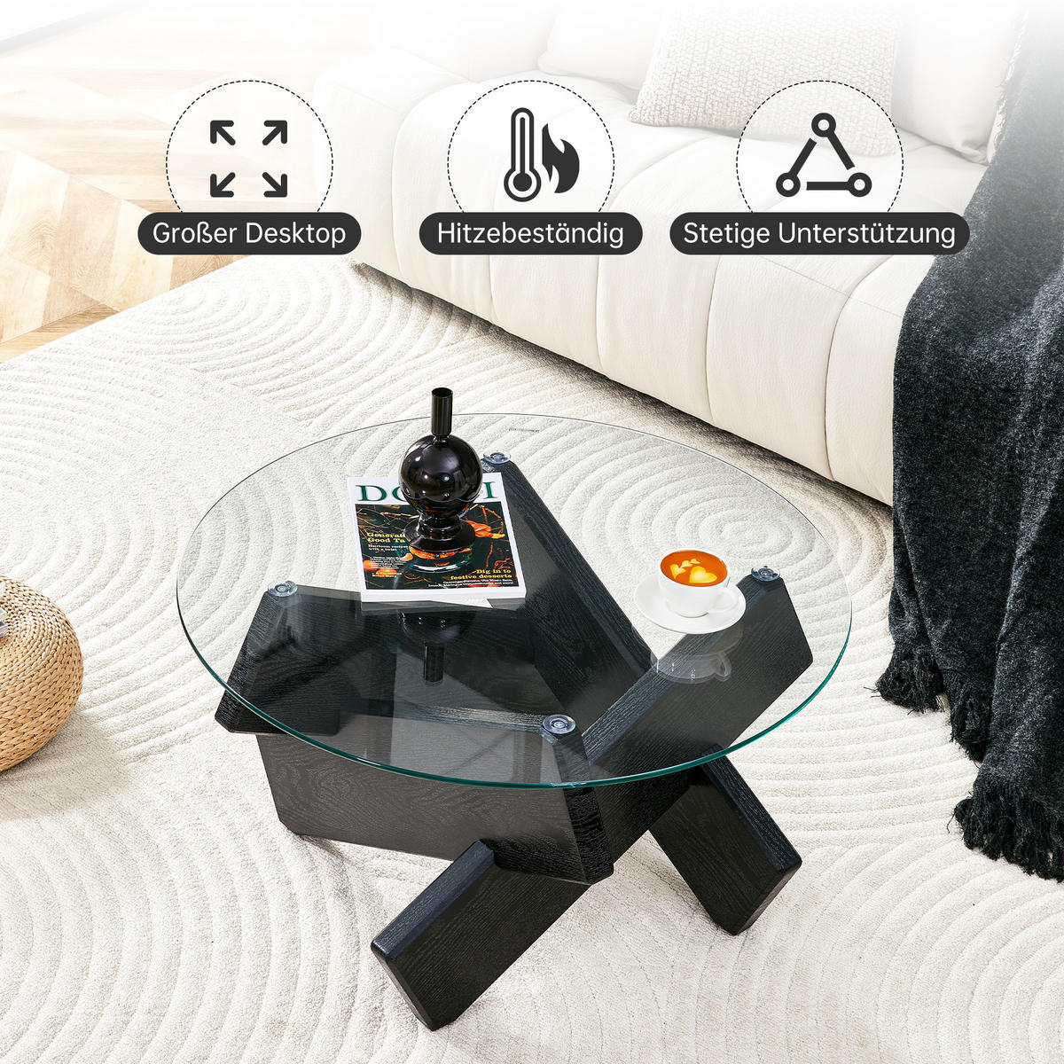 COUCHTISCH 79 cm rund Black und Transparent aus MDF und Glas mit Kreuz-Stütze - Schwarz, Holzwerkstoff (79/79/45cm) - OKWISH