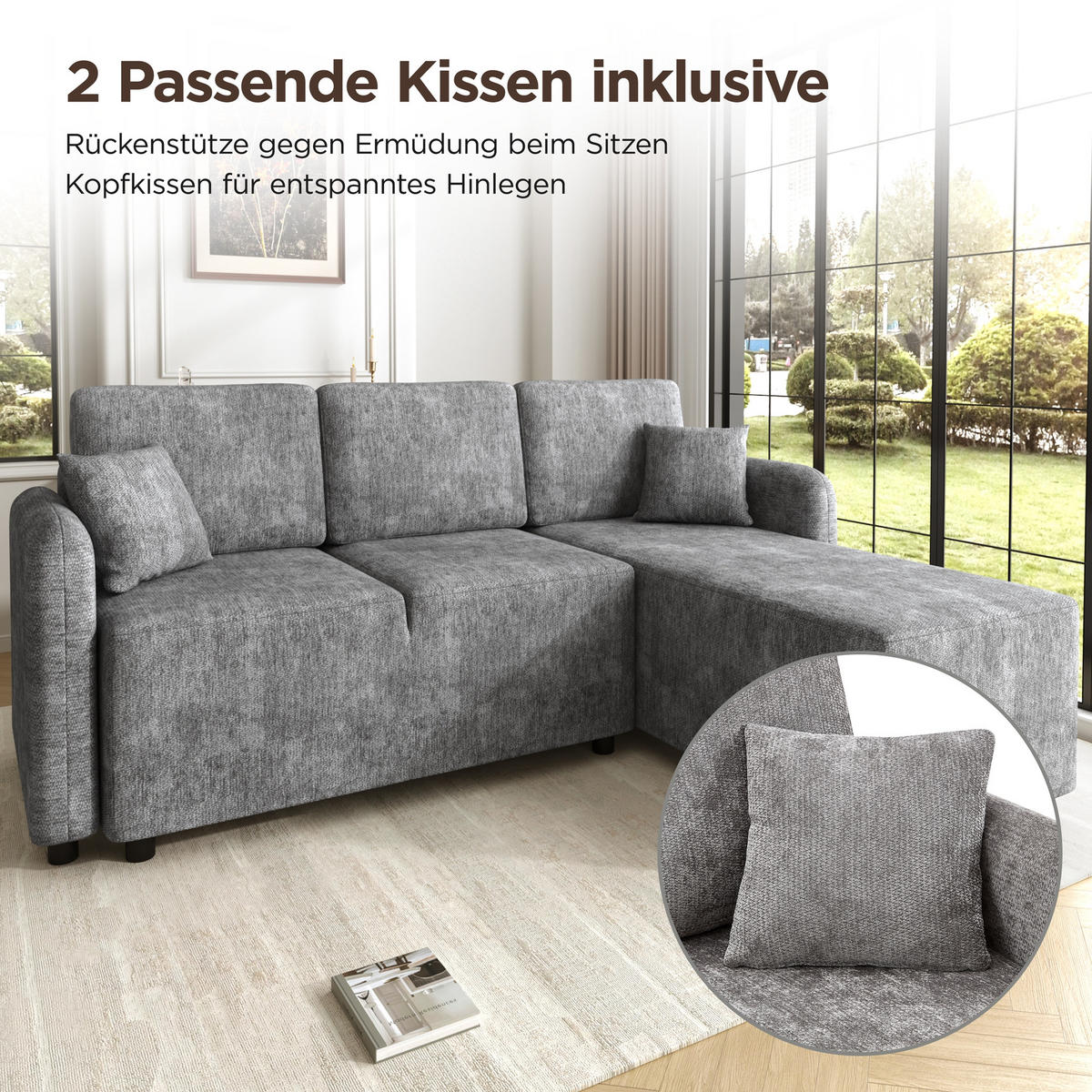 ECKSOFA 187.5/144/85.5 cm Grau Chenille mit 2 Kissen - Grau, Holz/Textil (187.5/144cm) - Oxeza