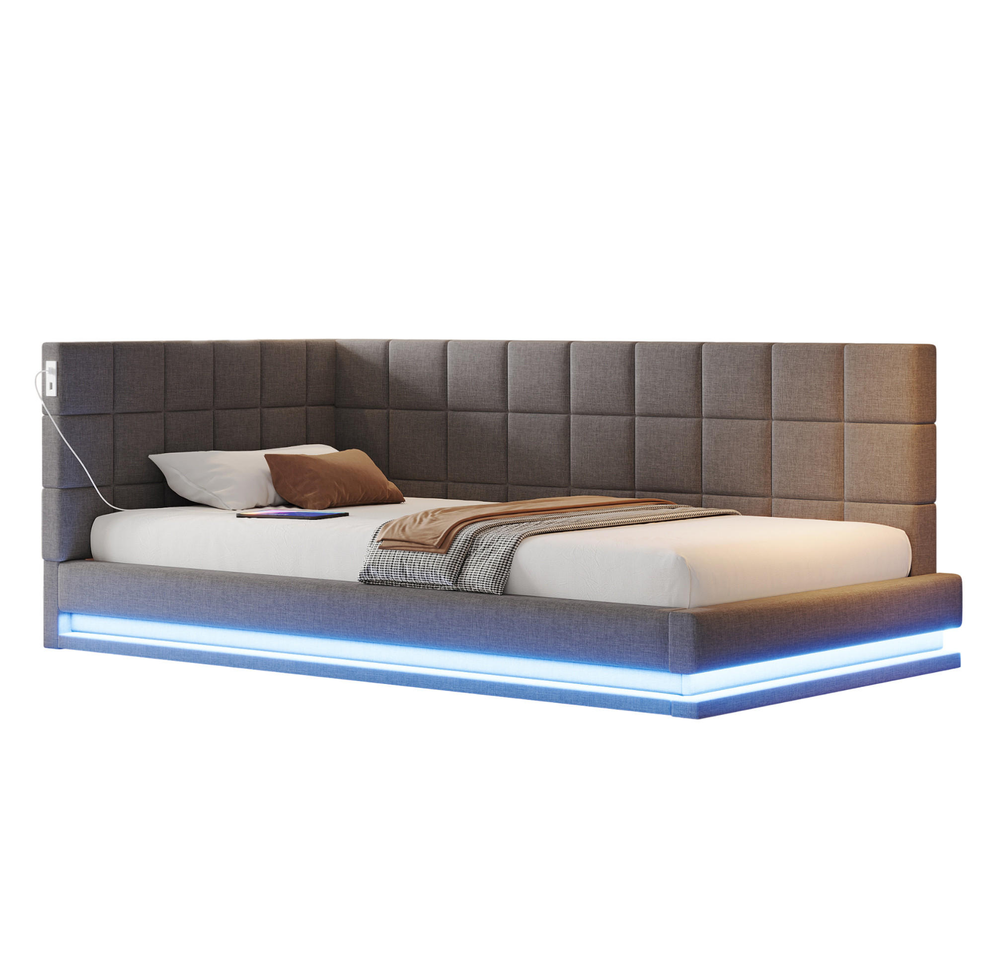 POLSTERBETT 90/200 cm grau aus Leinen mit LED-Lichtleiste und USB-Steckdose - Grau, Textil (90/200cm) - OKMYHOME