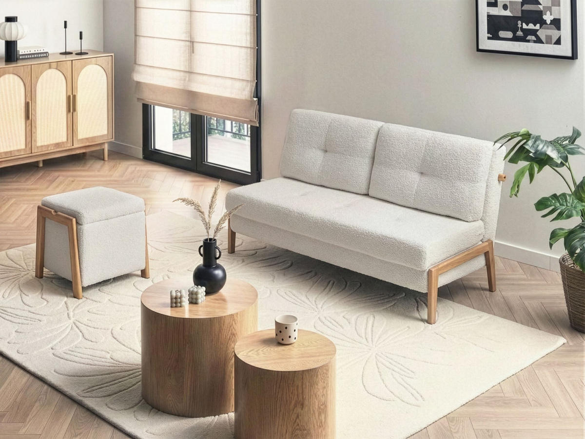 SOFA-SET 3-Sitzer mit Pouf Bouclé Weiß Edland - Weiß/Braun, Textil (152/92/76cm) - Beliani