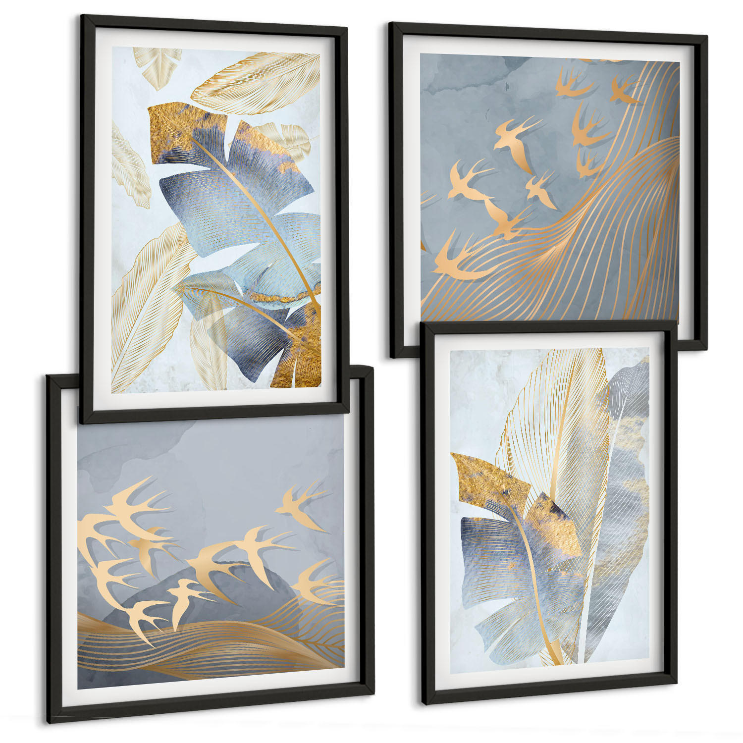 BILDER SET 4er Set - 50x50 cm & 40x60 cm Schwarzer Rahmen - Blaubeige Blätter im Hintergrund - Schwarz, Kunststoff (50/50cm) - TULUP