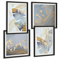 BILDER SET 4er Set - 50x50 cm & 40x60 cm Schwarzer Rahmen - Blaubeige Blätter im Hintergrund - Schwarz, Kunststoff (50/50cm) - TULUP