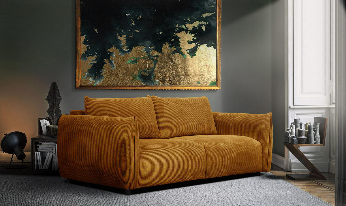 SOFA TAUER 3-Sitzer, honig - Dunkelgelb/Schwarz, Holzwerkstoff/Kunststoff (112/84/206cm) - Courtois Laville