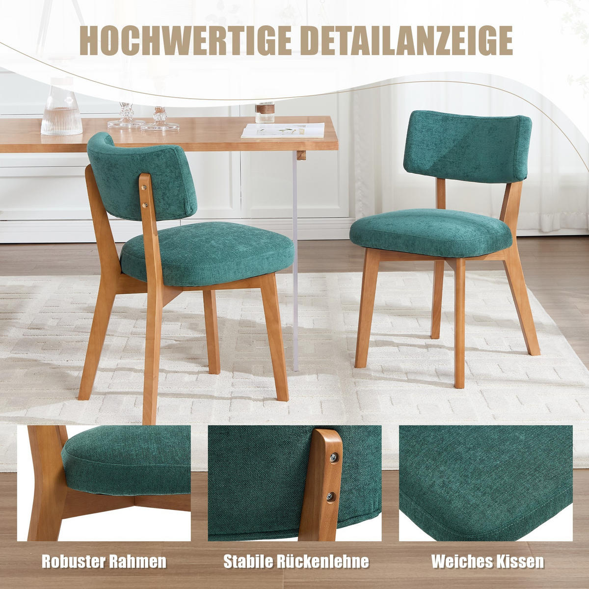 STÜHLE 2er-Set Esszimmerstuhl,Massivholz,Leinenstoff,Grün - Grün, Textil (47/77/54.5cm) - LVHOM