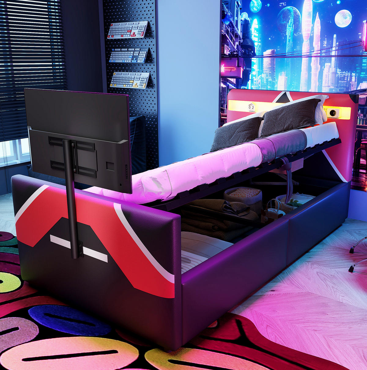 DJEČJI krevet 90/200 cm crni od umjetne kože s LED rasvjetom TV nosačem i spremištem - crna, plastika (90/200cm) - OKWISH