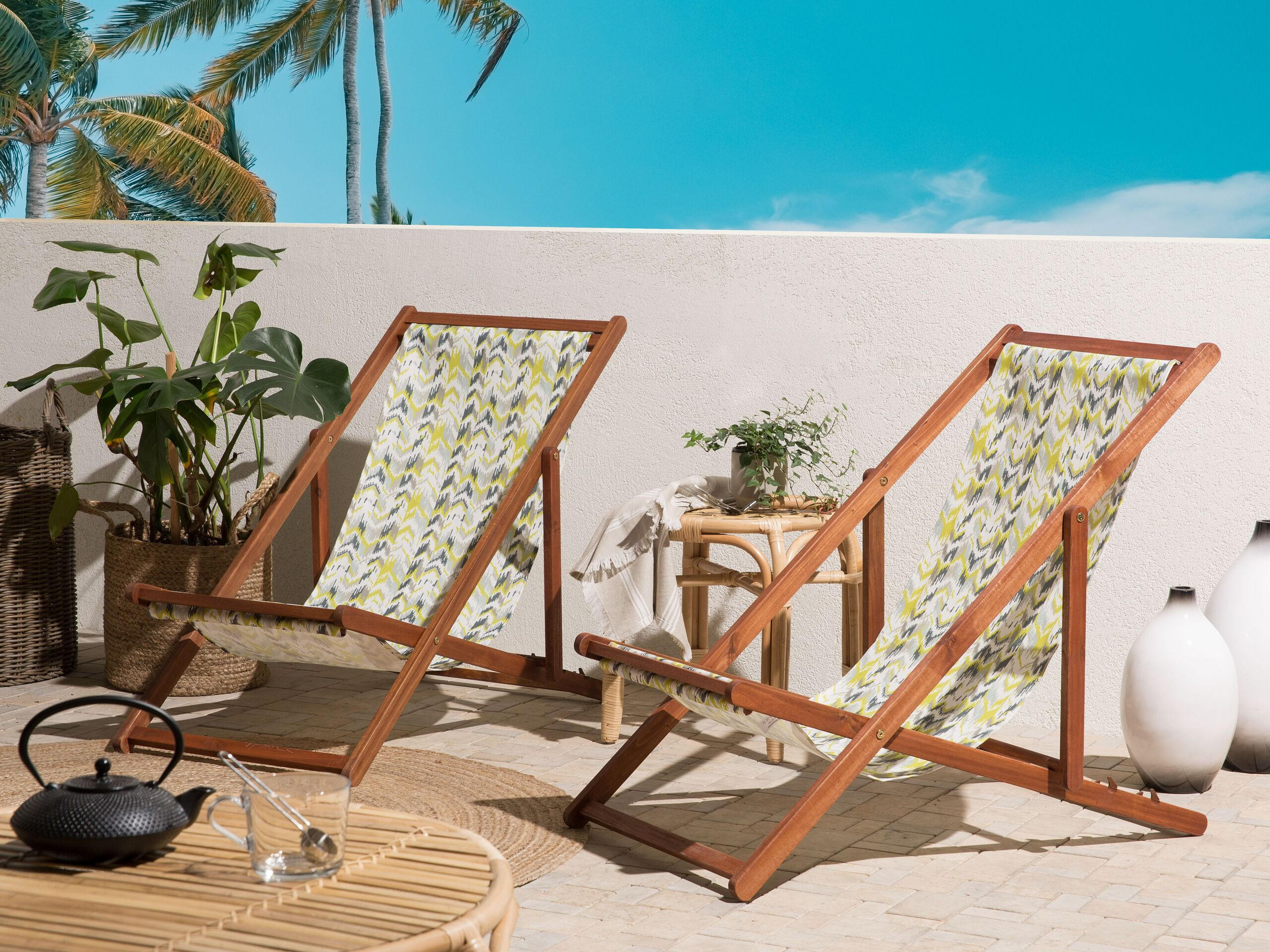 GARTENLIEGE 2er-Set dunkelbraun Textil weiß/gelb ZickZack-Muster Anzio - Dunkelbraun/Goldfarben, Textil (54/70/97cm) - Beliani