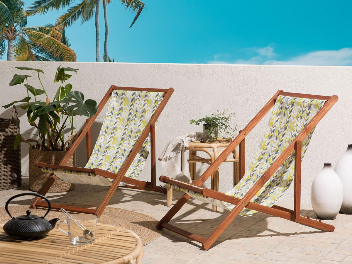 GARTENLIEGE 2er-Set dunkelbraun Textil weiß/gelb ZickZack-Muster Anzio - Dunkelbraun/Goldfarben, Textil (54/70/97cm) - Beliani