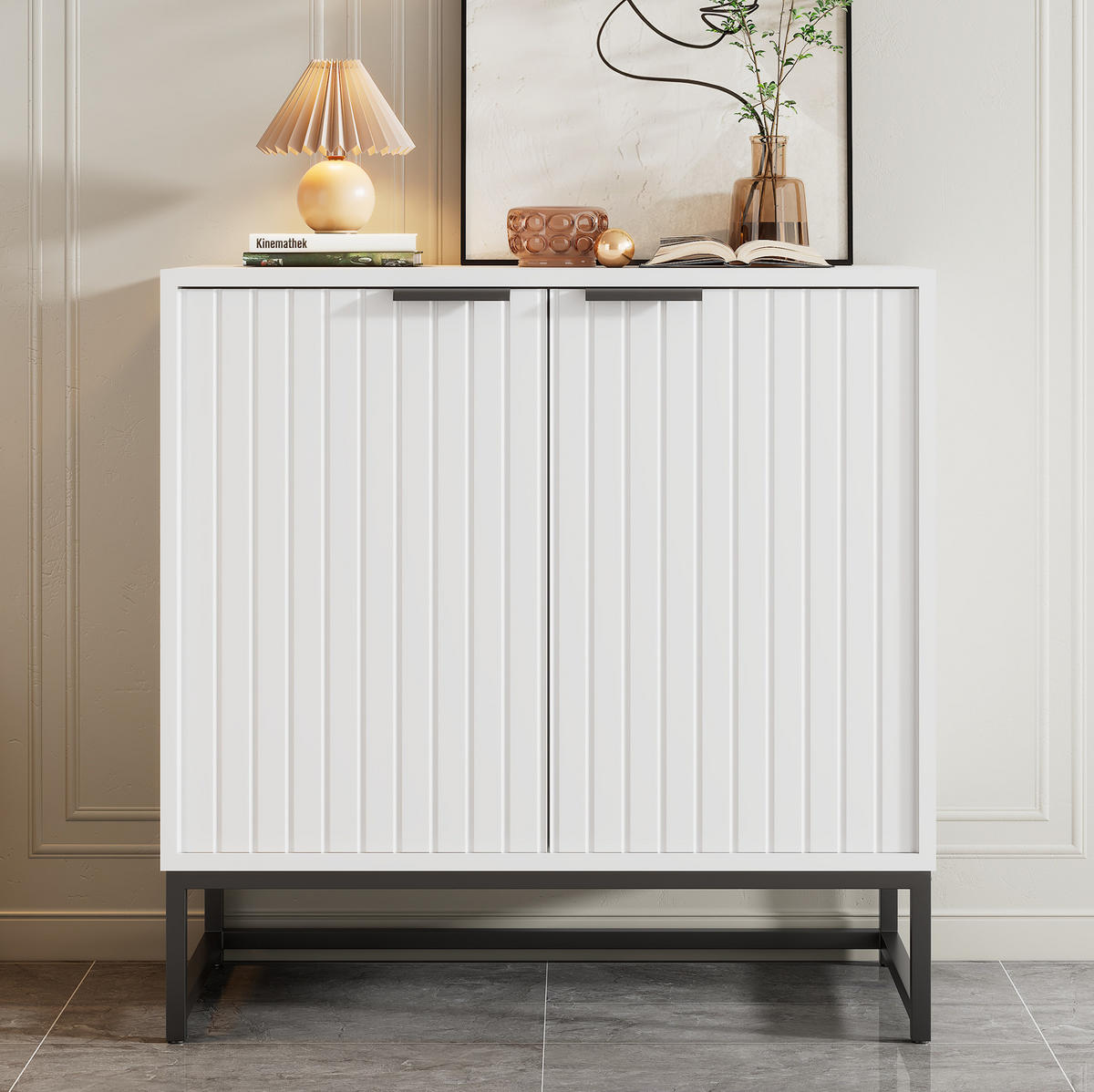 KOMMODE 80/40/80 cm mit 2 Türen und Metallgriffen – weiß - Weiß, Holzwerkstoff (80/80/40cm) - BEAOK