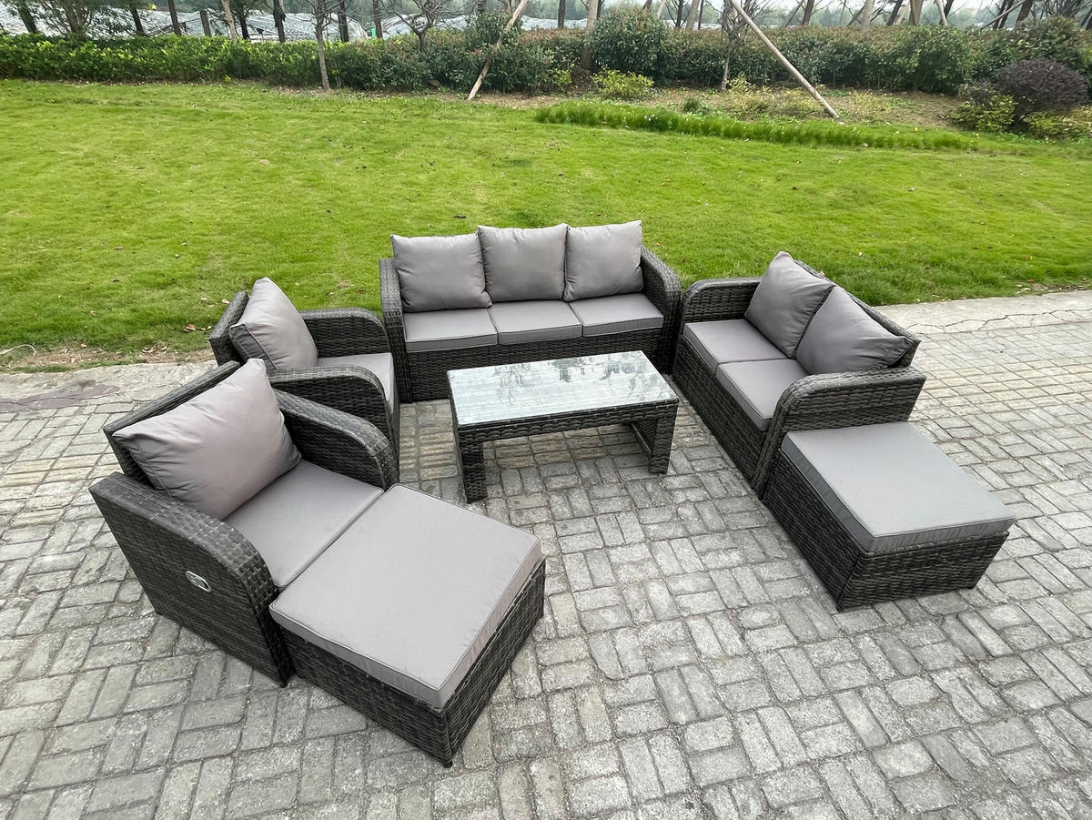 GARTENMÖBEL SET mit Sofa Polyrattan 9-Sitzer Dunkelgrau - Dunkelgrau/Grau, Glas/Kunststoff - Fimous