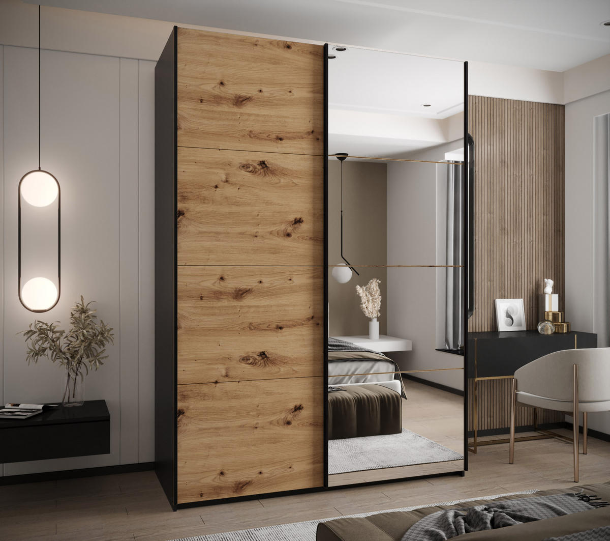 SCHWEBETÜRENSCHRANK 245,5/180/64 2-türig - Schwarz/Eiche Artisan, Holz/Metall (180/245/64cm) - Abiks Möbel