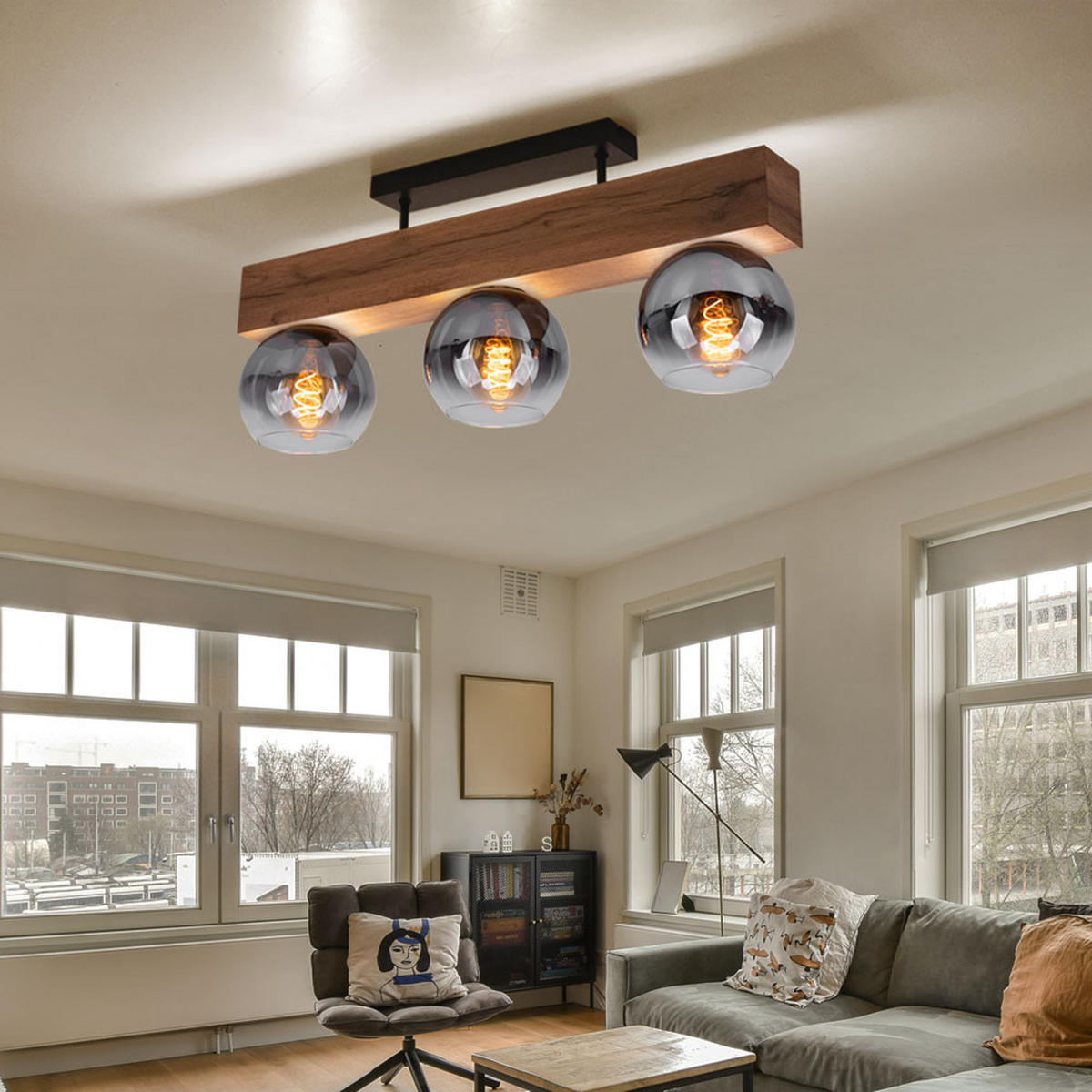 DECKENLEUCHTE MOITAS Braun Holzoptik - Braun, Glas (65/15/28cm) - Globo Lighting